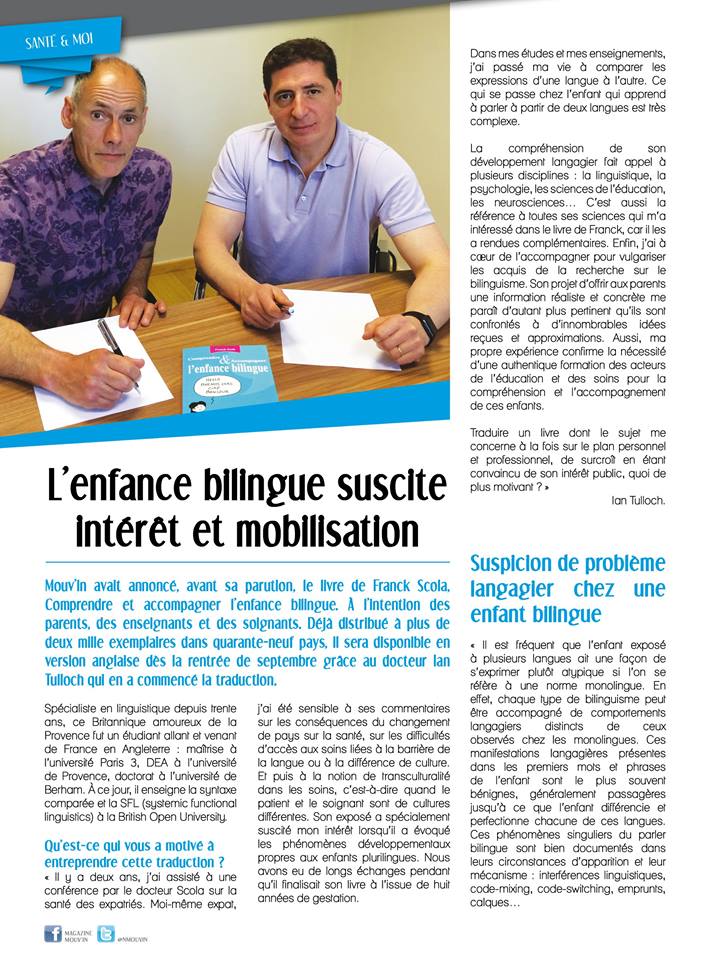 Interview croisée entre orthophonie et bilinguisme avec Dr Scola et du Dr Tulloch, à l'honneur dans un article du Mouv'In à Manosque (04).